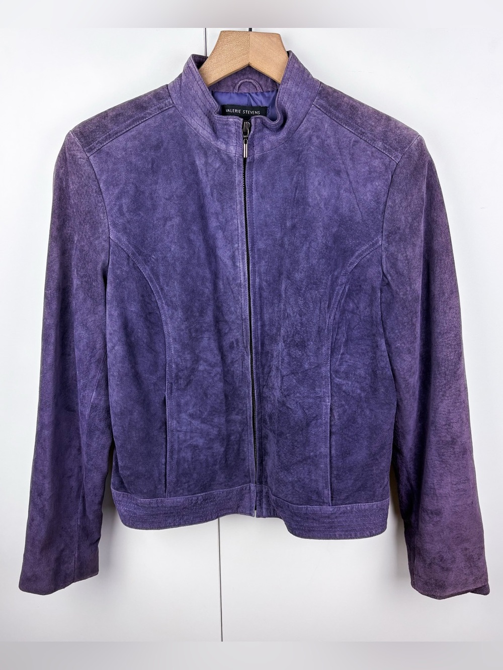 Vintage 90s Suede Leather Zip Front Jacket Coat Purple Medium Valerie Stevens